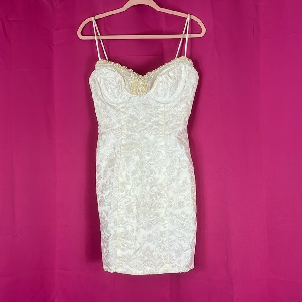 Vintage 80s Loralie Original cream brocade beaded corset sheath dress, size 8